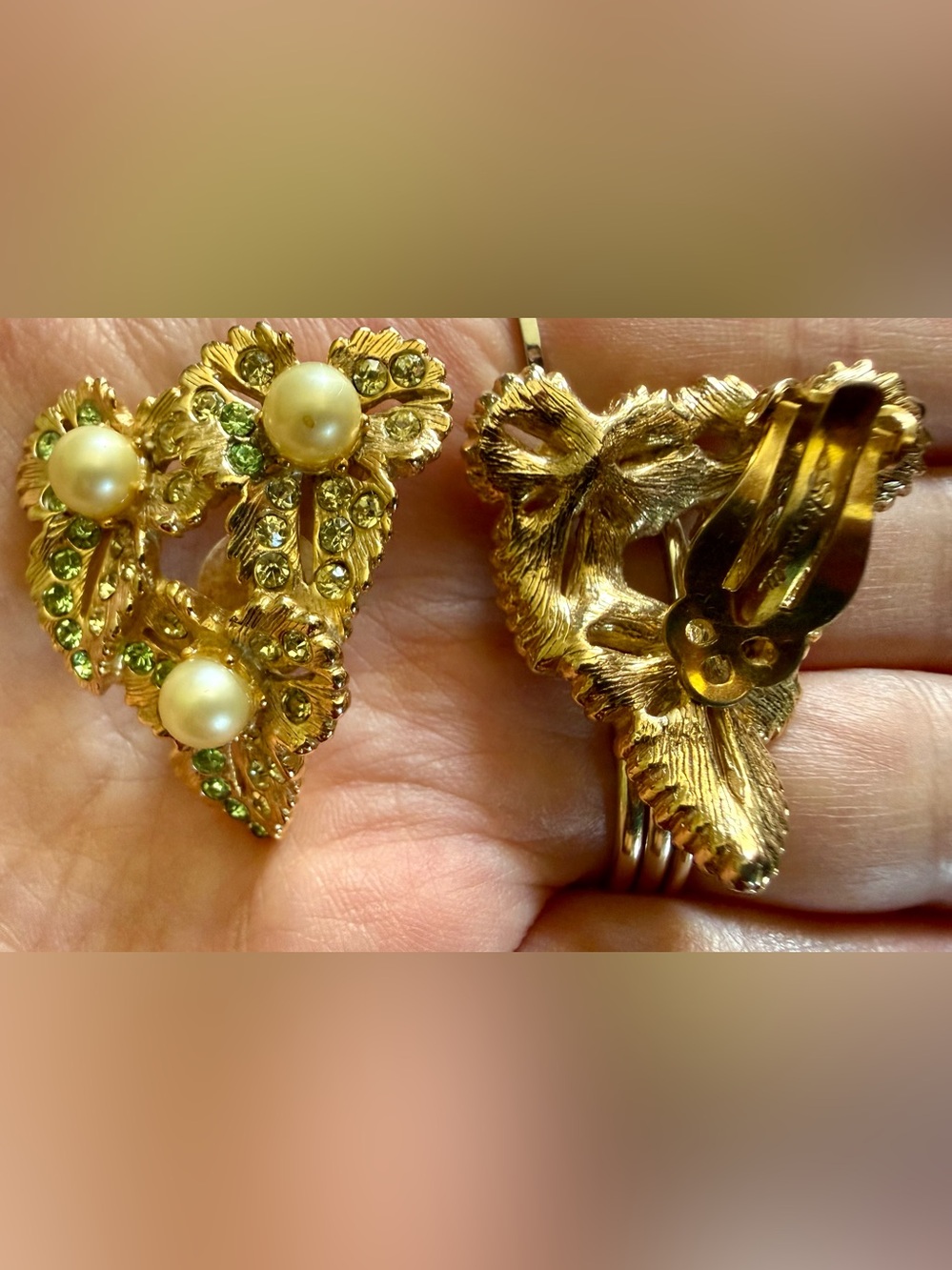 Antique Elsa Schiaparelli Gold-Tone Pearl & Green Crystal Clip-On Earrings